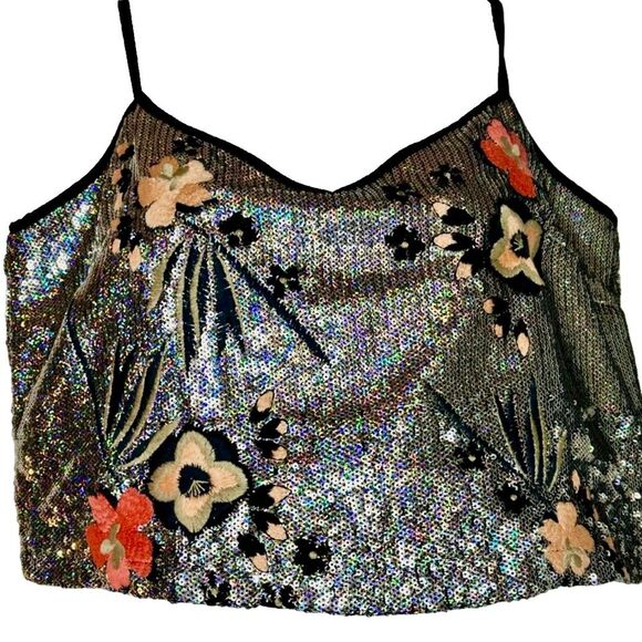 Glamorous Sequin Stitched Floral Embellished Women's Top Size M - Picture 1 of 10